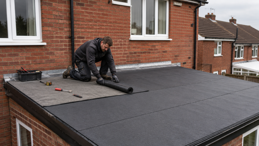 Rubber Roofing vs Felt Roofing: felt roof installation.