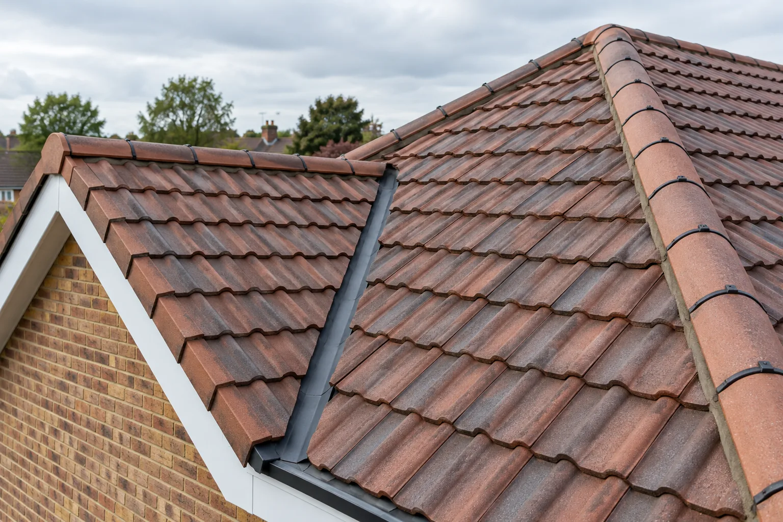 Illustration of tiled roof ridges, verges and a valley junction